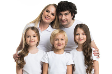 Family of parents and children on white