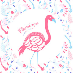 Flamingo in the center of a white circle. Around the pattern of flowers and leaves. Design for banners and clothing. Vector.
