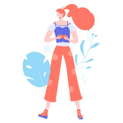 Girl gamer with joystick in her hands. Playing online on a computer or console. Modern hobby. Vector illustration.