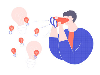 Bright trendy man character attentively looks through binoculars. Brainstorm, search for ideas, development of solutions. Vector illustration.