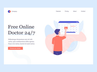 Concept template hero image for the landing page. Free online doctor. Make an appointment. Man chooses a date in the calendar. Vector illustration.
