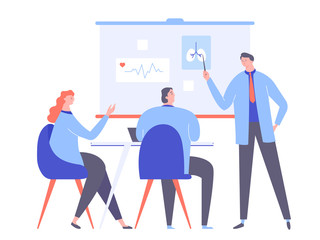 Group of doctors in white coats at the meeting. Diagnosis and treatment of diseases. Board with information about the patient. Vector illustration.