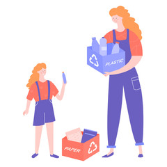 The family cares about the environment. Mom is holding a box with plastic, on the ground there is a box with paper. Sort garbage for recycling. Conscious behavior education. Vector illustration.