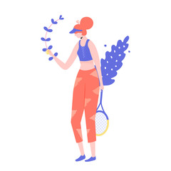 Female tennis player character with a racket in her hands. Professional or amateur player makes a tennis innings. Vector.