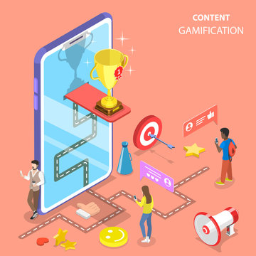 Isometric flat vector concept of gamification, interactive content, customer engagement.