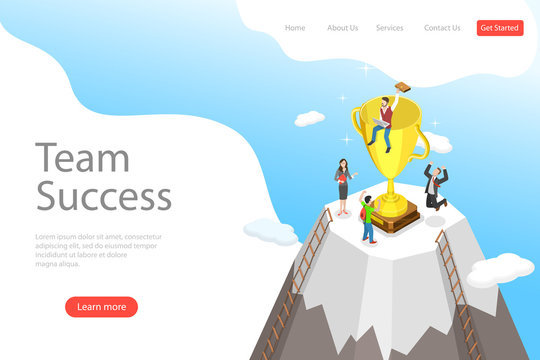 Flat isometric vector landing pate template of team success, effective teamwork, business leadership, successful project.