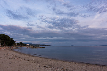 The waterfront of Nikiti, Chalkidiki, Greece, at dusk