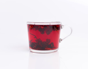 hibiscus tea in the glass cup isolated on white background