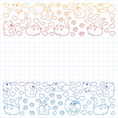 Vector set of beautiful round icons in the form of wild animals for children and design, print, cat ,bear, fox, bird ,hare or rabbit. Round animals with caption on white background with cage.