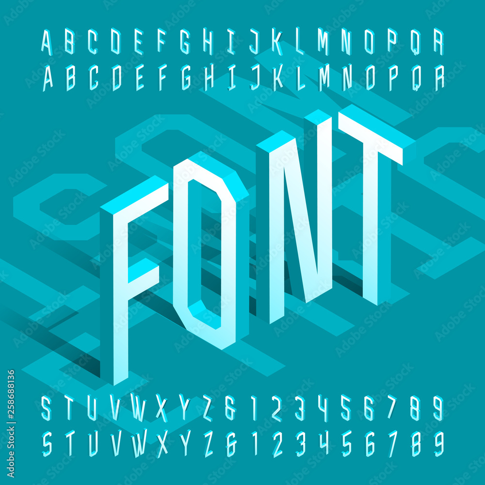 Fototapete 3d isometric alphabet font. 3d effect thin letters and numbers. stock vector typeface for your desig