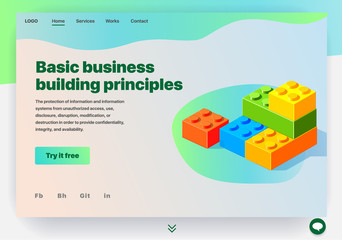 Website providing the service of basic business building principles. Concept of a landing page for basic business building principles. Vector website template with 3d isometric illustration of blocks