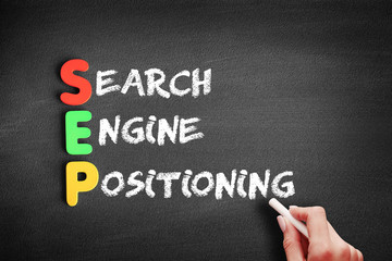 Fototapeta premium Color Wooden alphabets building the word SEP - Search Engine Positioning acronym on blackboard