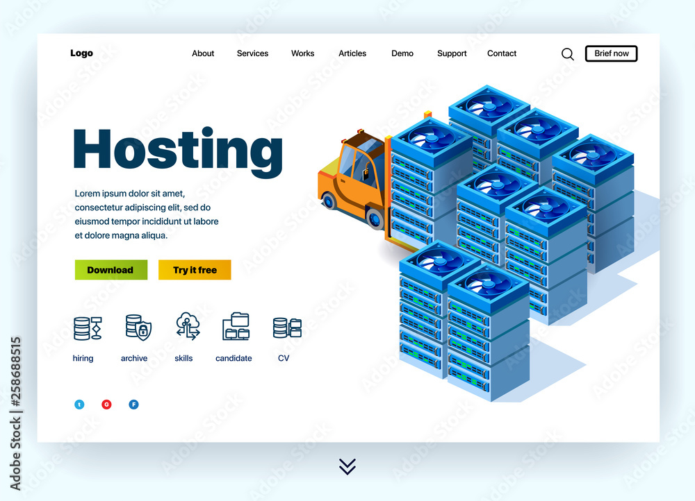 Poster equipment for data center providing hosting services. website hosting. concept of a landing page for