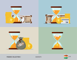 Set of hourglass with 10 Indian Rupee Banknote. Flat style vector illustration. Time and Business concept.
