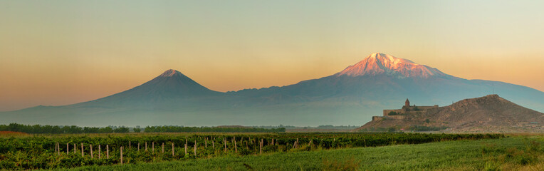 Ancient Armenian church Khor Virap with Ararat, Armenia. Panorama