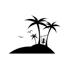 Island in the ocean, tourist trip, seagulls, palm trees, sunset. island in the ocean. Vector image. Loneliness. One on island