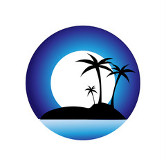 Fototapeta na wymiar Island in the ocean, tourist trip, gulls, palm trees, sunset.beautiful island in the ocean. Vector image of the island. Travel illustration, paradise night. Blue color