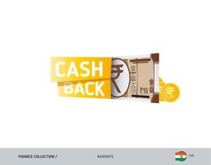 Cash back banner with 10 Indian Rupee Banknotes and coins. Flat style vector illustration. Shopping and sales concept.