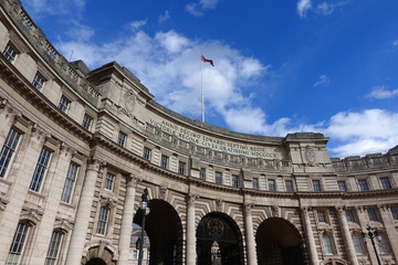 Photo from iconic Admiralty Arch near Trafalgar square on a cloudy blue sky, London, United Kingdom                    