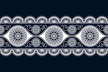 seamless vector white ethnic ornamented border design with flowers. seamless template in swatch panel - 258691364