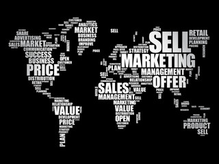 Obraz na płótnie Canvas Marketing word cloud in shape of World Map, business concept background