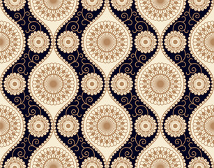 seamless vector pattern design with circular light floral ornament on a dark blue background. seamless template in swatch panel