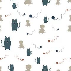 Papier Peint photo autocollant Chats Modèle sans couture de bébé avec des chats et des boules mignons. Fond enfantin de vecteur créatif pour tissu, textile, papier peint de pépinière. Illustration vectorielle