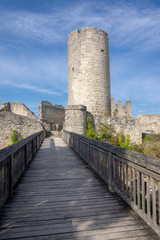 Fototapeta na wymiar Burgruine Wolfstein old castle ruins with tower, blue sky
