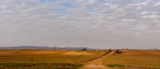 Fototapeta premium Rural scenery in Moldavia, along the national road E85. Hills covered in golden light