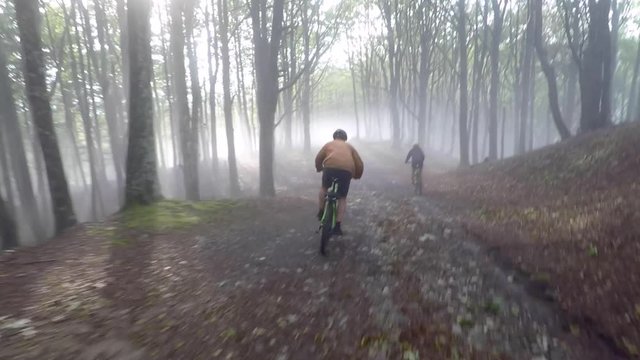 Couple biking through misty forest on bicycles 