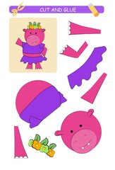 Cut and glue worksheet: hippopotamus.  Educational game for kids. 