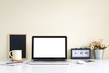 Fototapeta premium Office desk Workspace stuff with notepad, laptop and coffee cup mouse notepad shot.