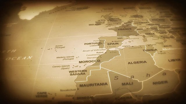 Vintage World Map Flight Over Background/ 4k animation of a vintage historical world map travel background flight over with ocean, countries and cities names