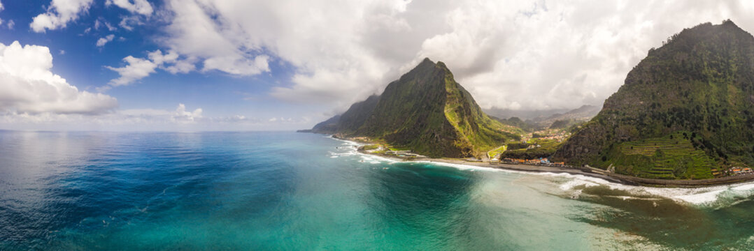 Beautiful mountain landscape of Sao Vincente, Madeira island, Portugal. Aerial panorama view.