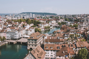 Fototapeta na wymiar Aerial view of historic Zurich city center from Grossmunster Church