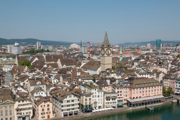 Aerial view of historic Zurich city center with famous Fraumunster Church