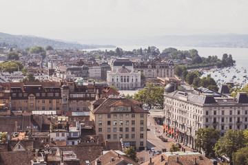 Naklejka premium Aerial view of Zurich city center with Opera house and lake Zurich