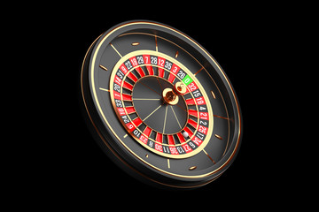 Luxury Casino roulette wheel on black background. Casino theme icon. Close-up wooden Casino roulette with a ball. Poker game table. 3d rendering illustration.