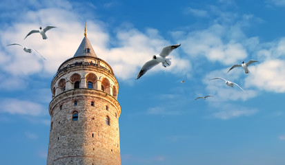 Galata tower and seagulls on the background of clouds and blue sky, Turkey, Istanbul