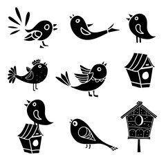 Birds, bird house cartoon set