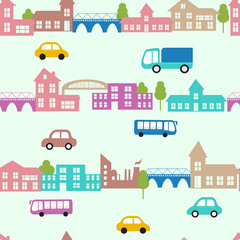 Seamless vector pattern with small cars and houses. City flat background