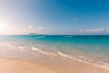 Tropical hawaiian seascape at Lanikai beach on Oahu island and kayaks in the ocean