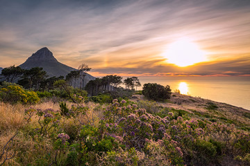 Beautiful sunset over the ocean and Lion's head mountain view from Signal hill in Cape Town