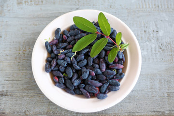 Composition of berries and honeysuckle leaves with a plate on a tree background