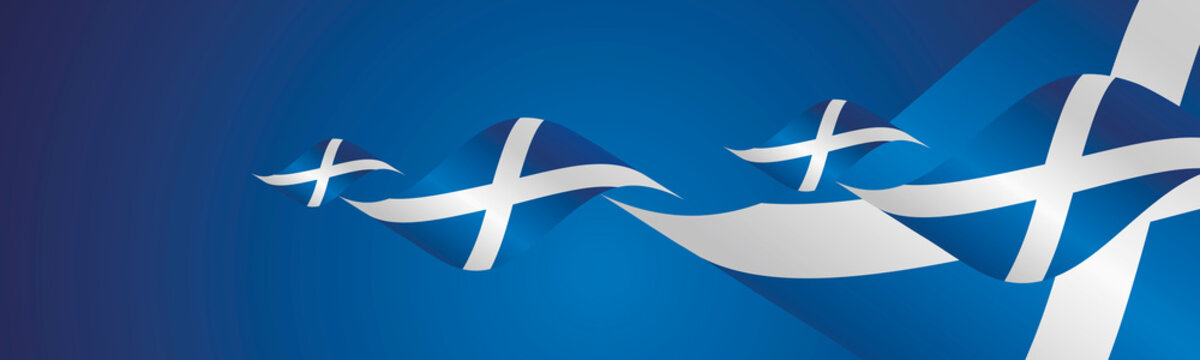 Scotland Saint Andrew's Day waving flags two fold blue landscape background
