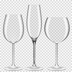 Set of realistic transparent wine glasses empty, isolated on transparent background.