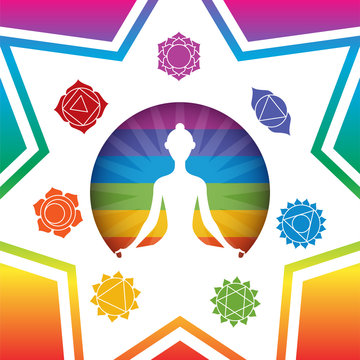 Meditating yoga girl silhouette with chakras signs in shining colorful circle on colorful gradient rainbow background