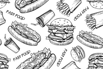 Burgers seamless pattern on white background. Hand drawn hamburger and french fries. Fast food, junk food pattern. American food. Burgers restaurant menu design. Hamburger sandwich sketch style.