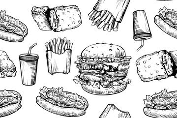 Burgers seamless pattern on white background. Hand drawn hamburger and french fries. Fast food, junk food pattern. American food. Burgers restaurant menu design. Hamburger sandwich sketch style.