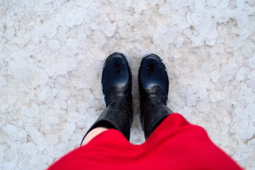 Salt lake. Elton. Footprints in the sand.